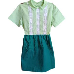 10/12 Girls Vintage Dress Green/Teal Lace Trim 60's Short Sleeves Handmade 1OF1